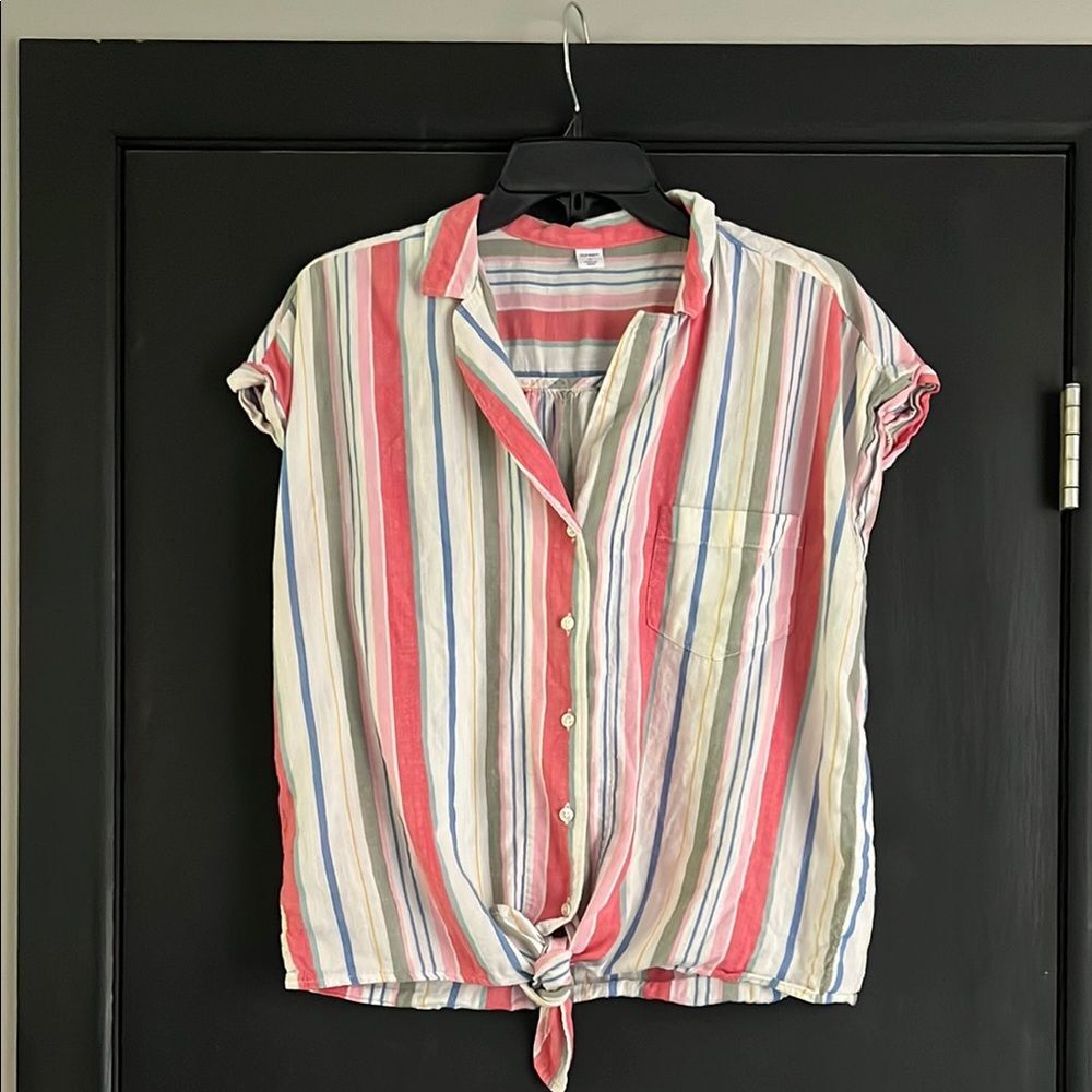 Old Navy Pink and Blue Notched Collar Tie Front Shirt